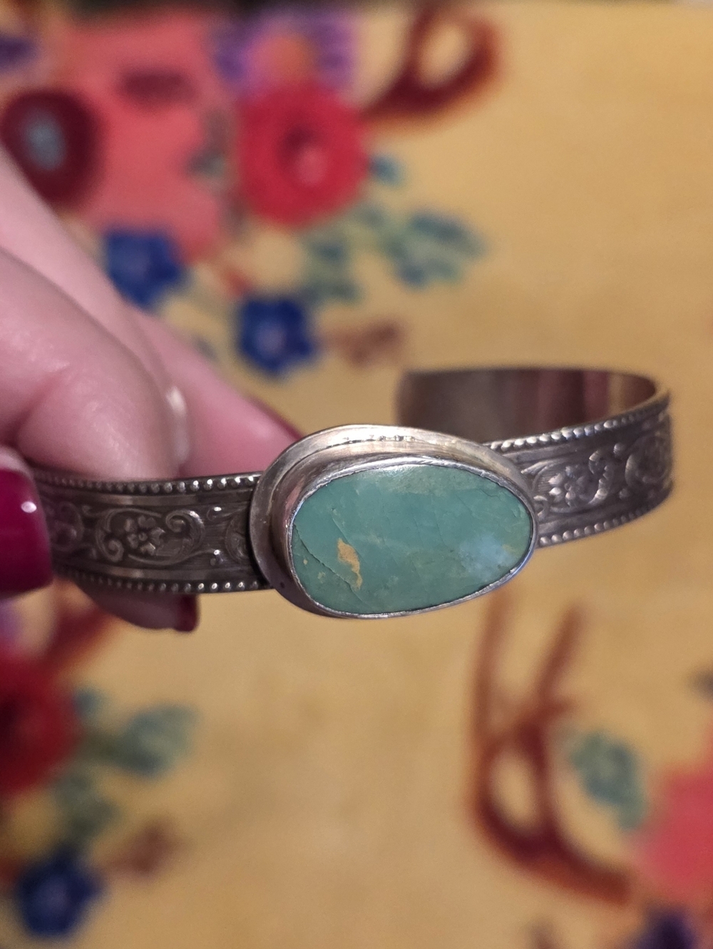 Sterling Silver Cuff Bracelet with Turquoise Stone, Slightly Adjustable
